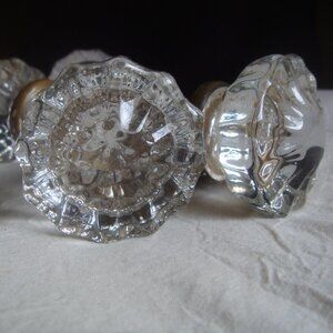 Vintage Salvage Pair Glass Doorknob + Spindle Set 12-point Old Brass